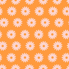 Various Flowers. Orange background. Hand-drawn trendy Vector illustration. Floral design, Naive art. Colorful square seamless Pattern. Poster, print template. Background, wallpaper
