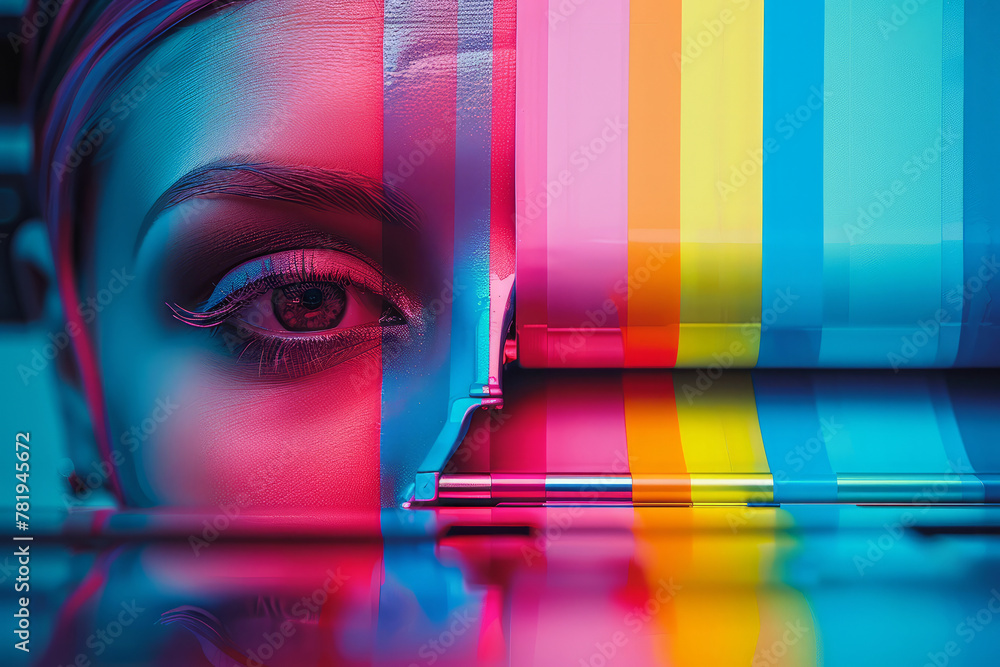 Poster a woman's face is painted with a rainbow of colors. the image is a creative and artistic representat