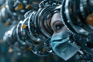 Fototapeta premium A factory that produces face masks using robots based on the concept of a future world affected by the COVID-19 virus.