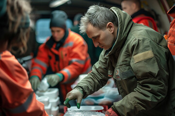 Concentrated emergency worker amidst a team providing aid.