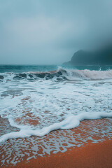 Fototapeta premium minimalistic photo of a beach with waves, light sky-blue and dark gray, 