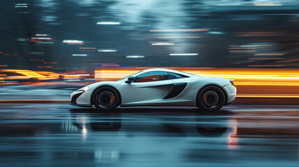 Obraz premium Autobahn Assassin: A White Silhouette Tears Down the Highway in a Hypnotic Blur