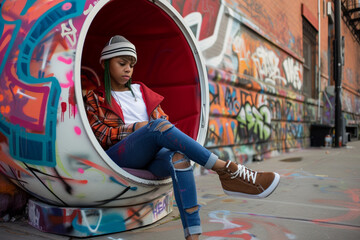 Young woman relaxing in a modern urban pod chair with graffiti in the background.