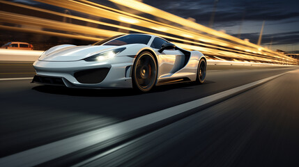 Obraz premium Autobahn Storm: A white supercar unleashes a whirlwind of speed, leaving the landscape a blurry canvas