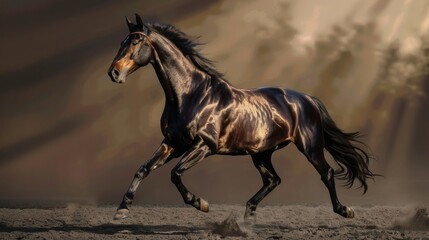 Majestic Black Horse Galloping in Sunlit Dust