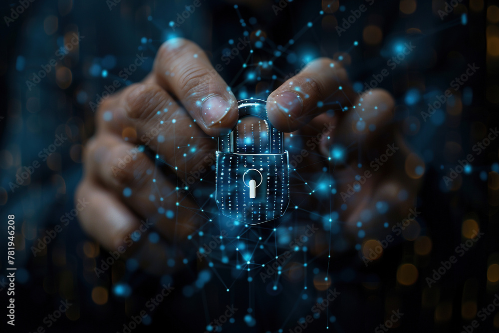Poster touching security button on virtual screens, internet technology