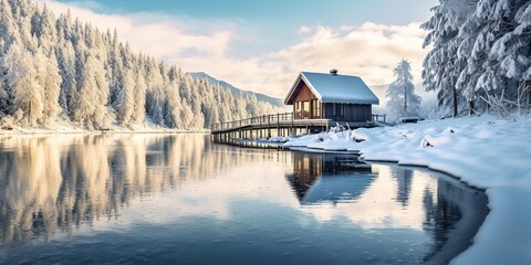 AI Generated. AI Generative. Snow ice frozen vacation adventure landscape background with lake cabin forest. Graphic Art