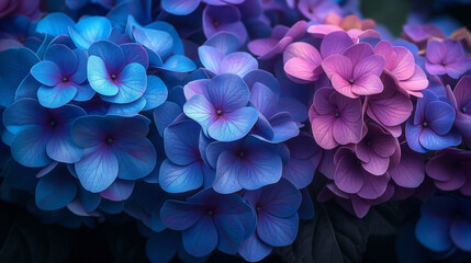 fractal flowers, nature photography, Blue and Purple Hydrangea ,dark background