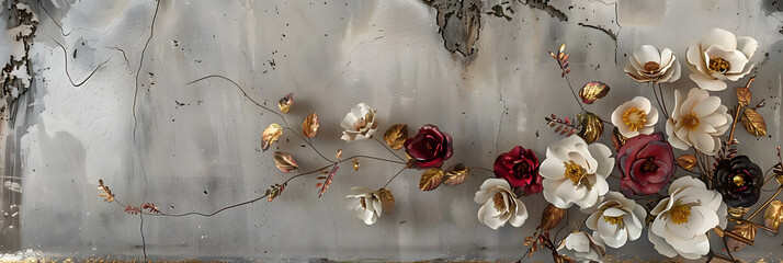 Volumetric floral arrangements on an old concrete wall with gold elements.