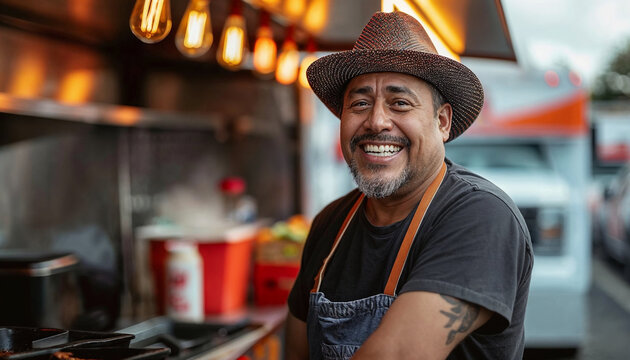 Happy middle-aged Latino man with a hat, beaming at a food truck.