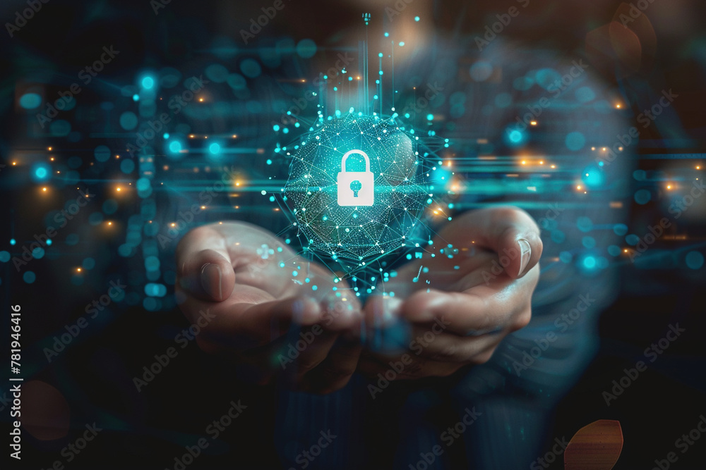 Aufkleber touching security button on virtual screens, internet technology