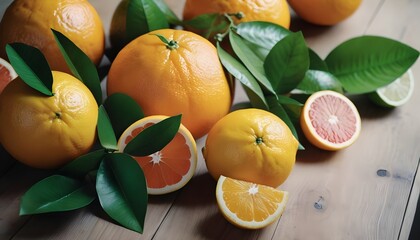 Various fresh citrus fruits and leaves on a wooden table, close-up, organic healthy food concept
