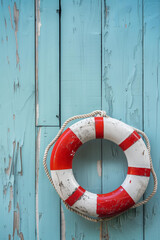 red and white aquatic life ring on a light blue wooden wall background with copy space