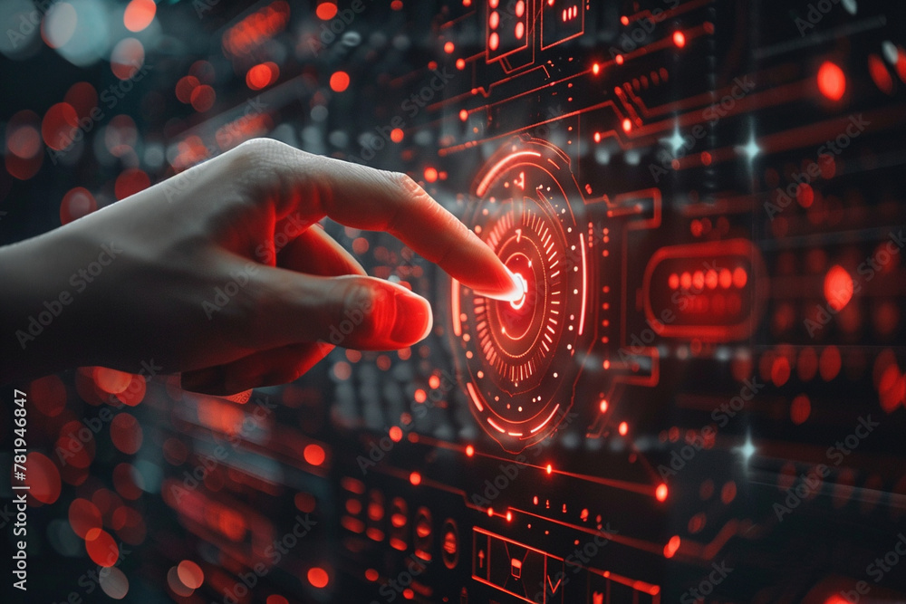Poster touching security button on virtual screens, internet technology