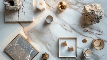 A minimalist top-view flat lay arrangement featuring a sleek marble background with golden edging,  - obrazy, fototapety, plakaty