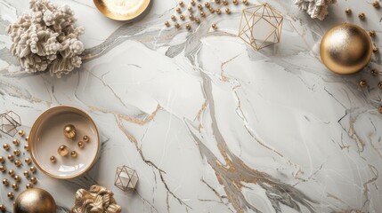 A chic and stylish top-view flat lay composition highlighting a modern marble background with subtle gray veining. - obrazy, fototapety, plakaty