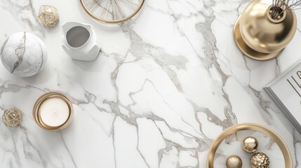 A refined top-view flat lay presentation showcasing a sleek marble background with elegant gold trimmings.  - obrazy, fototapety, plakaty