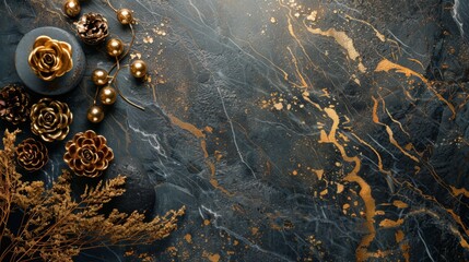 An elegant top-view flat lay composition featuring a luxurious black marble background with rich golden details.  - obrazy, fototapety, plakaty