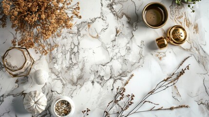 An elegant top-view flat lay presentation showcasing a pristine marble background adorned with lustrous gold trimmings. - obrazy, fototapety, plakaty