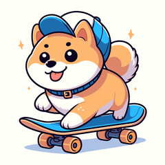 Cute shiba inu dog skateboarding in vector illustration