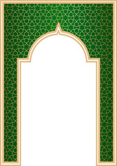 Ramadan Islamic arch frame with ornament. Muslim traditional door illustration for wedding invitation post and templates. Golden and green frame in oriental style. Persian windows shape