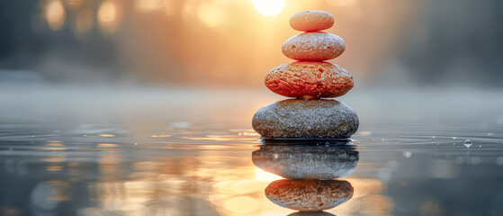 Obraz premium Zen Stones and random Bamboo with a Water Reflection on an Eco-Nature Background in the high Spa Concept for Relaxation bright and balanced Wallpaper Background Cover Magazin Journal Illustration