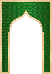 Ramadan Islamic arch frame with ornament. Muslim traditional door illustration for wedding invitation post and templates. Golden and green frame in oriental style. Persian windows shape
