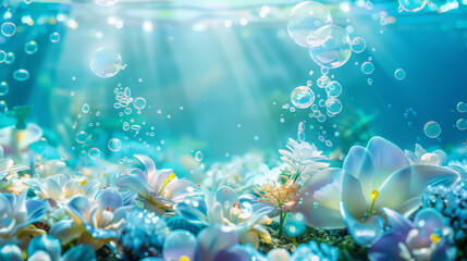 Fototapeta na wymiar Enchanted Underwater Garden with Blooming Flowers and Light Rays