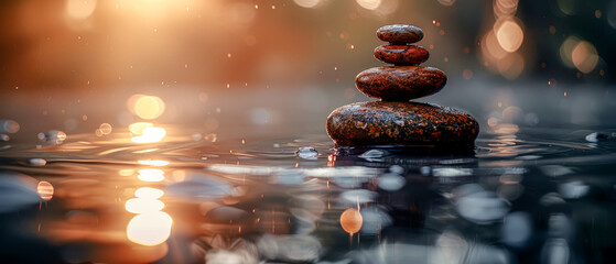 Obraz premium Zen Stones and random Bamboo with a Water Reflection on an Eco-Nature Background in the high Spa Concept for Relaxation bright and balanced Wallpaper Background Cover Magazin Journal Illustration