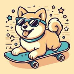 Shiba inu dog having fun on skateboard in vector art