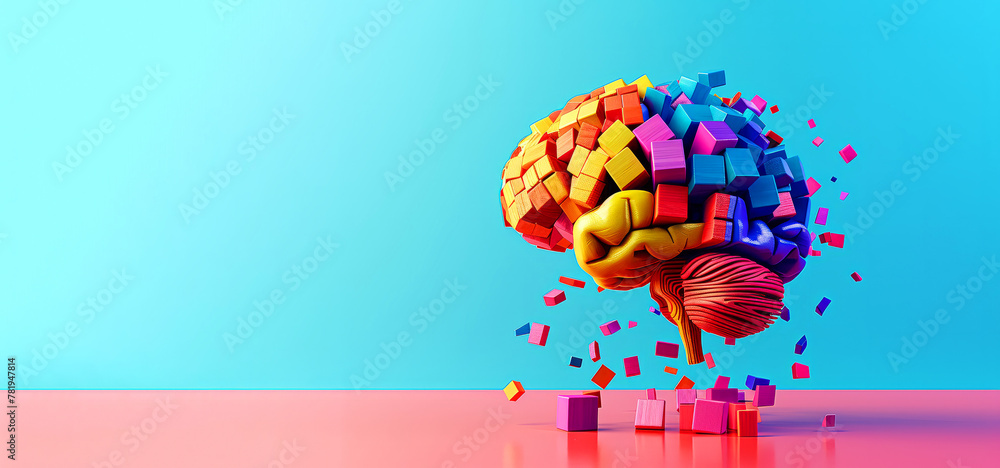 Poster a colorful brain made of blocks is shown on a blue background. the brain is in a state of disarray o