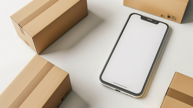 a mockup white screen smart phone with carton boxes