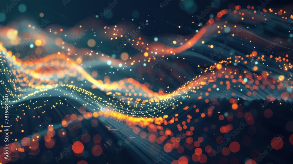 Poster abstract orange particle waves flowing in digital space with bokeh light effects