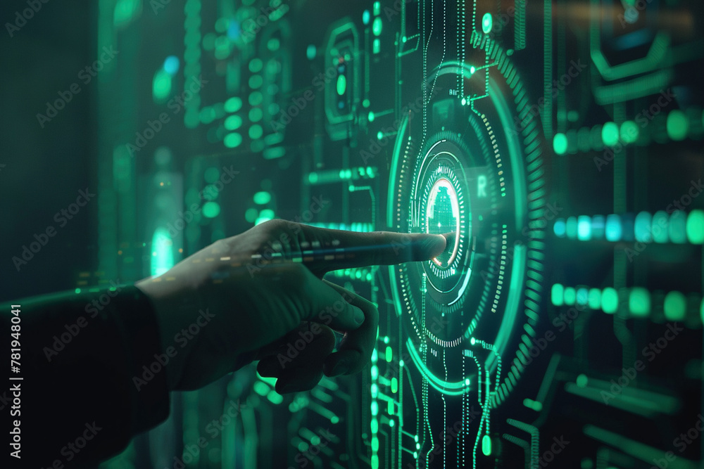Poster touching security button on virtual screens, internet technology