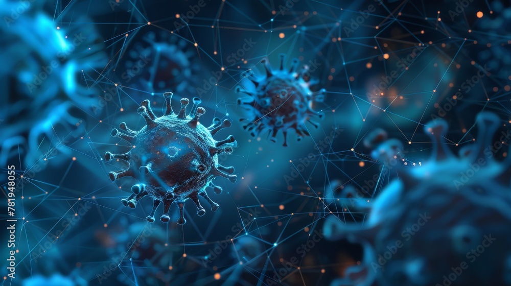 Poster conceptual representation of a virus with network lines in a biological science context