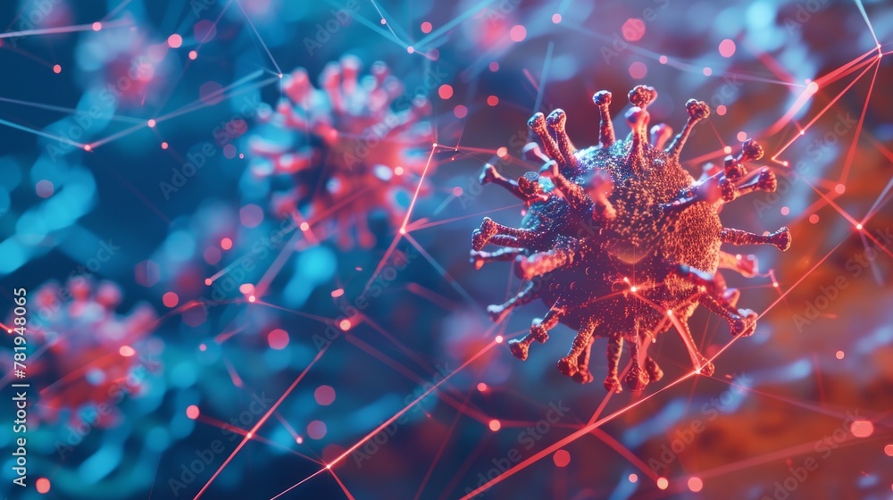 Poster vivid microscopic view of a virus particle with network connections in blue hues