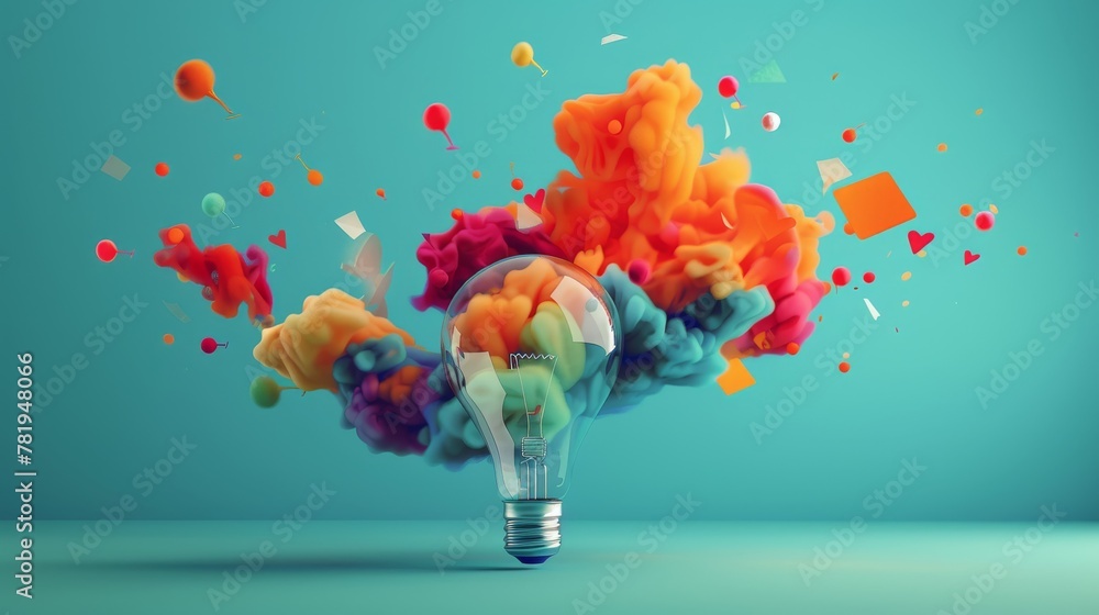 Poster creative concept of light bulb with colorful smoke and floating elements on teal