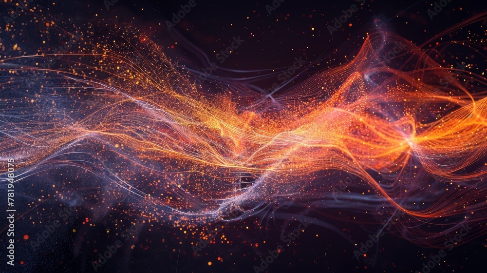 Aufkleber dynamic flow of orange particles in digital space illustrating network connectivity