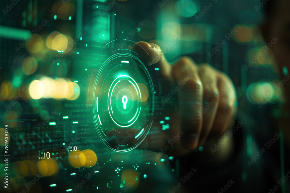 Poster touching security button on virtual screens, internet technology