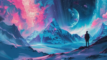 Explorer Witnessing a Surreal Cosmic Event in an Alien Landscape with Vibrant Sky - obrazy, fototapety, plakaty