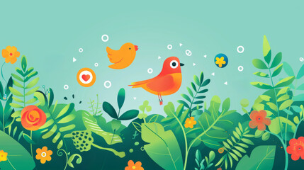 Naklejka na ściany i meble Charming Illustration of Birds Tweeting with Social Media Icons in a Lush Greenery Scene