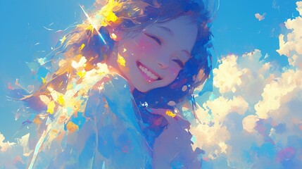 Anime Girl in Pastel Sky: Whimsical and Joyful Fantasy Design