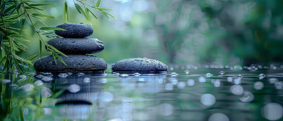Obraz na płótnie Canvas Zen Stones and random Bamboo with a Water Reflection on an Eco-Nature Background in the high Spa Concept for Relaxation bright and balanced Wallpaper Background Cover Magazin Journal Illustration