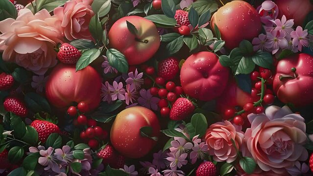 Pushing towards a bounty of apples, cherries, strawberries and flowers wallpaper background