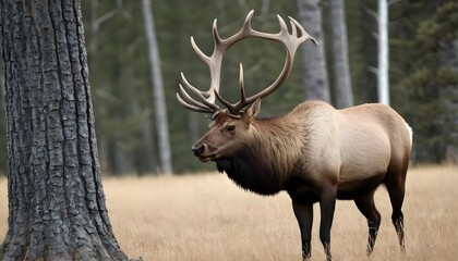 Naklejka na ściany i meble An-Elk-Bull-Rubbing-His-Antlers-Against-A-Tree-Ma-