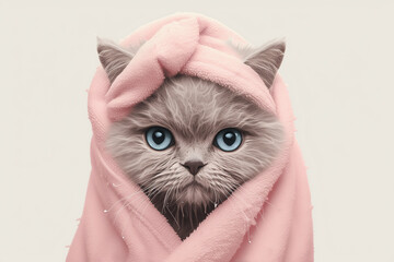 Caring Woman Drying Wet Cat in Towel After Bath
