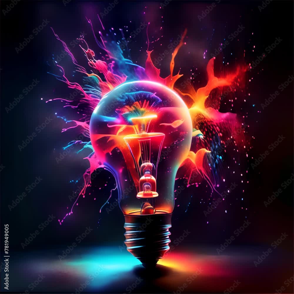 Poster striking image of a light bulb bursting with neon colors and dynamic energy, encapsulating creativit