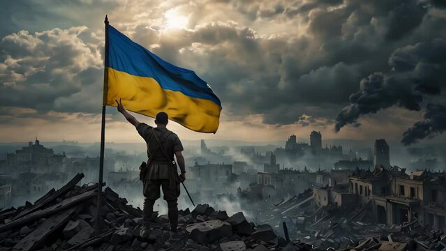 Soldier stands atop rubble, waving a large Ukrainian flag as the sun sets on a devastated city. AI-generated