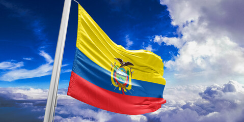 Ecuador national flag cloth fabric waving on beautiful Blue Sky Background.