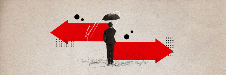 Banner. Contemporary art collage. Young man holding umbrella und choosing way to fallow against...